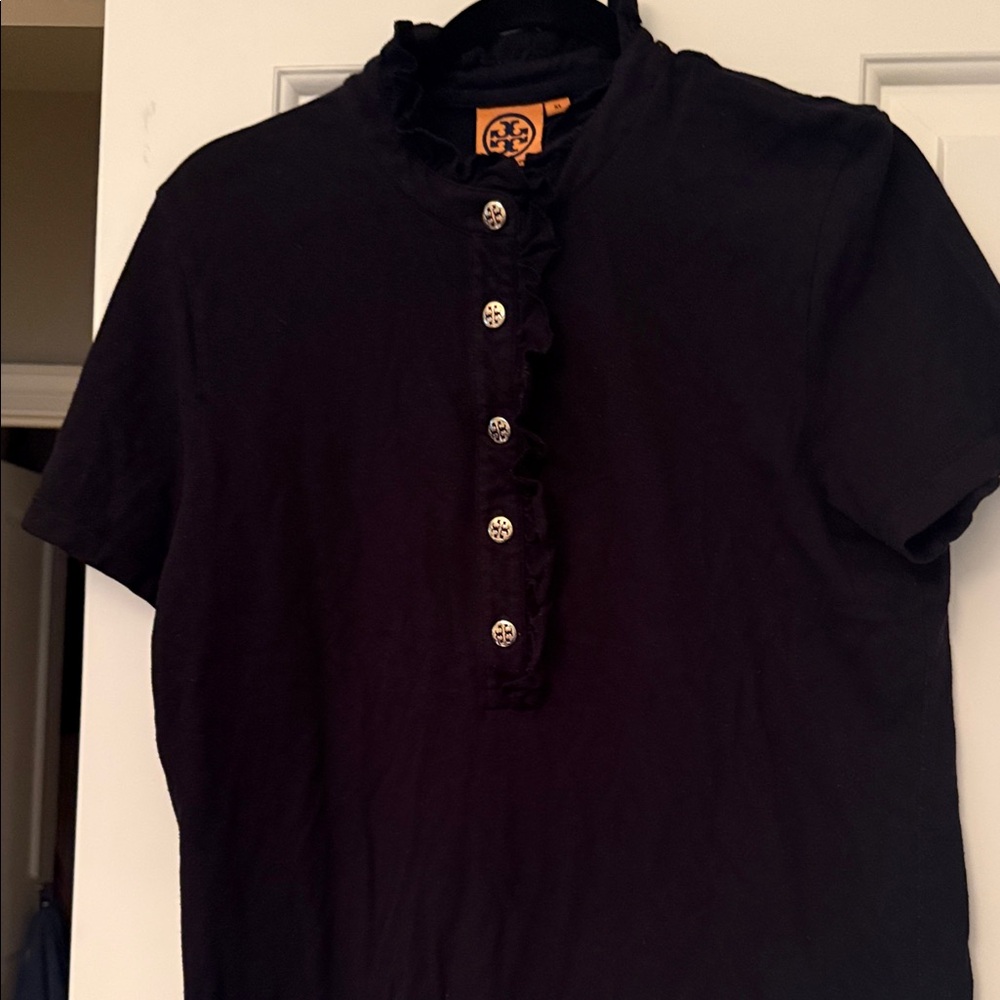 Tory Burch Emily Ruffle Polo Shirt Black Ruffled Button-Up Shirt BLUE